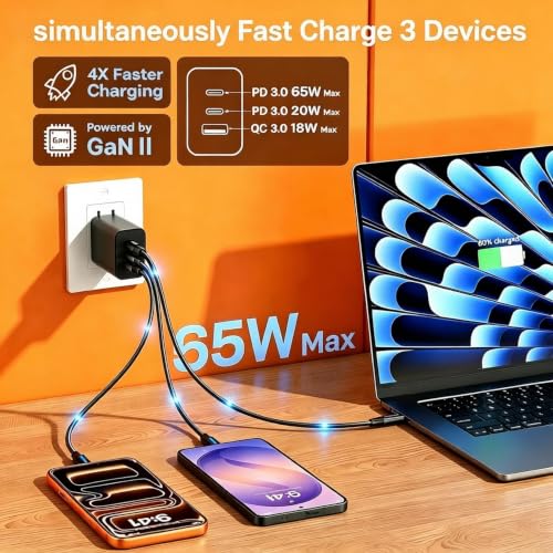 Image of 2 Pack 65W USB C Super Fast Charger,3 Port 100W PD 3.0 Typc-C Charging Block with with 3 /6 /10 /10FT USB C Cable for Samsung Galaxy S26 /S25 /S24,MacBook, iPhone 17 /16 /15 Pro Max,iPad,Android and More