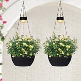 SUNNYPARK 2 Packs Hanging Planters Basket for Outdoor Plants, Solar Powered Self Watering Black Round Plastic Flower Pots with Drainer for Balcony Patio Garden Outdoor Decoration