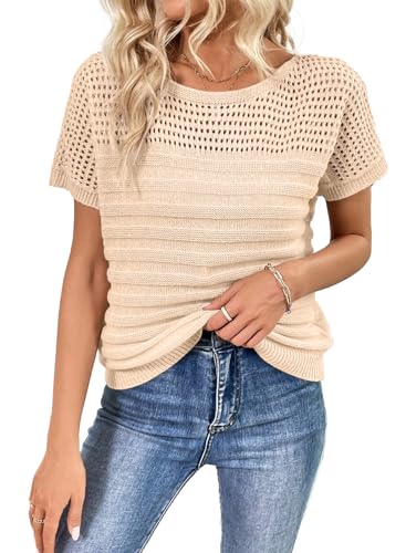 Image of SHEWIN Womens Sweaters Crew Neck Short Sleeve Shirts Summer Tops Knit Hollow Out T Shirts Sweater Blouses
