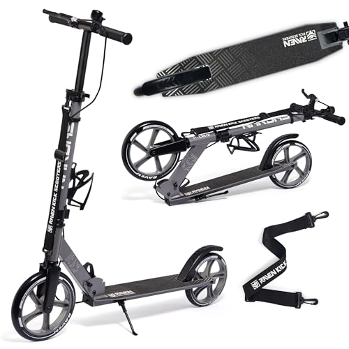 RAVEN Scooter Roller Tretroller Kickscooter für Kinder Erwachsene |klappbar | höhenverstellbar | Tragegurt | Klingel | Flaschenhalter (Nardas Grey mit Handbremse, 230/200mm)