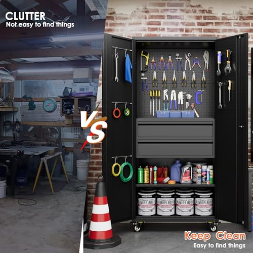 Image of Metal Garage Storage Cabinet with Wheels, 2 Internal Drawers