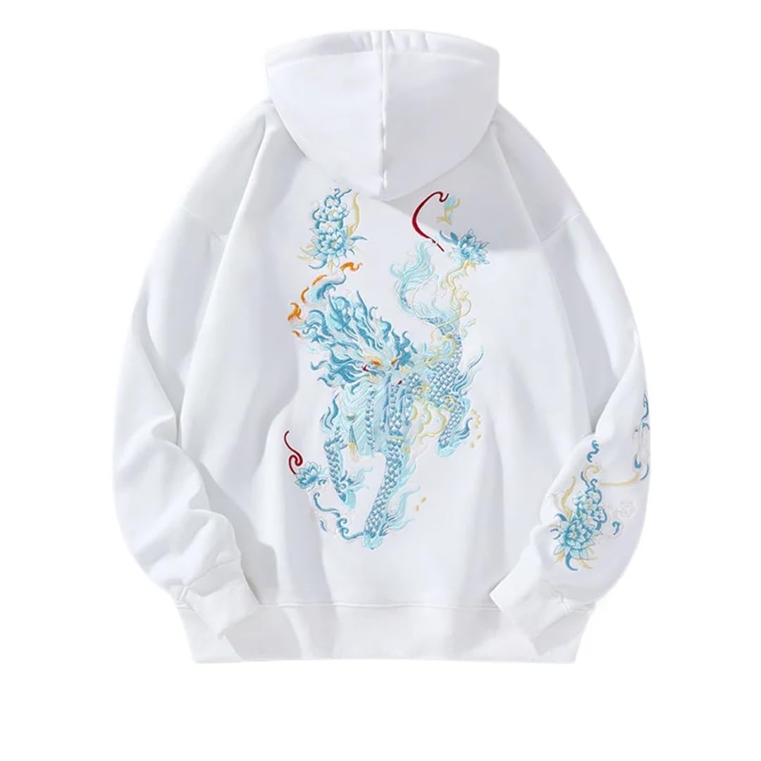 Felpe con cappuccio da uomo con ricamo drago, stile hip hop, streetwear, felpa con cappuccio in cotone felpato