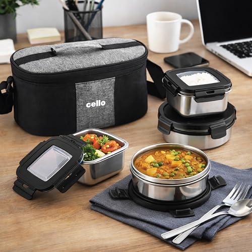Image of CELLO Duet Set of 4 Pcs Stainless Steel Lunch Box with Bag for Office Use, Black | 2 x 400ml Round, 2 x 400ml Square Steel Containers with Fork & Spoon, Leak Proof Airtight Steel Tiffin Box for Travel