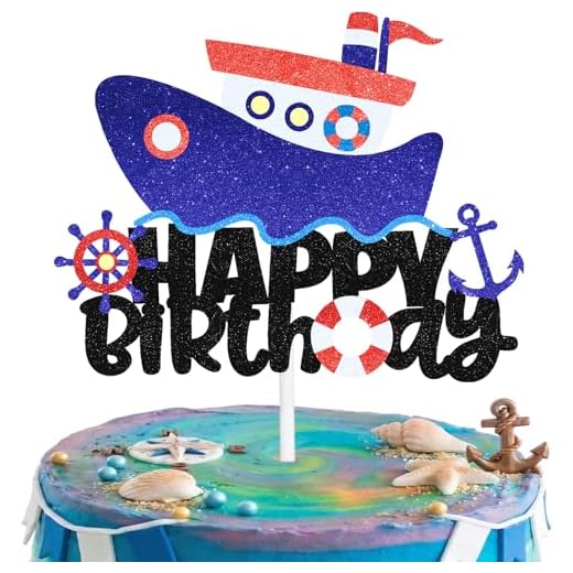 Nautical Cake Topper - Baby Sailor Theme Happy Birthday Decor Black Glitter boy girl Baby Shower Kids Party Decoration 