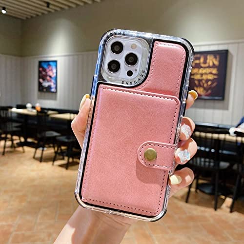 Étui en cuir iPhone 12 rose avec porte-carte et support portefeuille chic