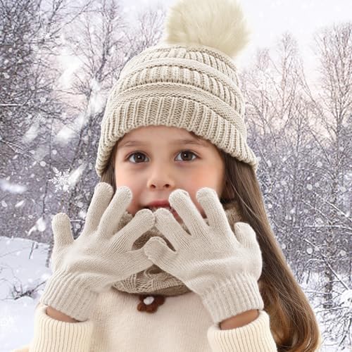 Image of Kids Winter Beanie Hat Scarf Gloves Set for 3-8 Years Old Boys Girls, Thick Warm Knitted Hat Gloves Fleece Lined Scarf Set