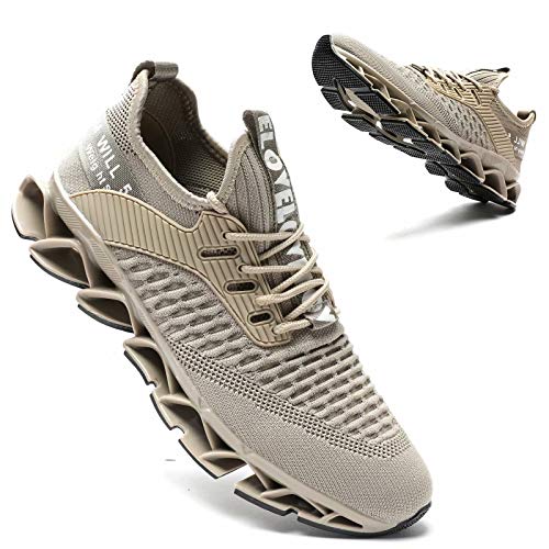 Vooncosir Men's Fashion Sneakers Breathable Mesh Running Shoes Blade Non Slip Soft Sole Casual Athletic Lightweight Walking Shoes Beige 6.5