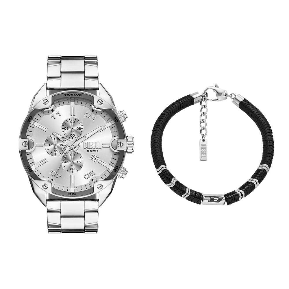Diesel Uomo Orologio e Bracciale D Logo in Pietre Semi-Preziose Argento con Borchie, Set