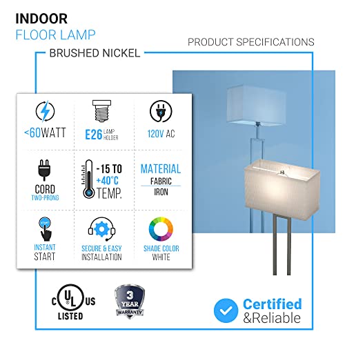 Ledmyplace Modern Floor Lamp For Living Room With Brushed Nickel Finish Led Standing Lamp Silver Floor Lamps On/Off Switch Energy Efficient For Bedroom Office Study Room #TOP2