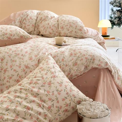 Image of Floral Duvet Cover Queen Size Pink Flower Reversible Bedding Set Garden Flower Botanical Soft & Lightweight Microfiber Comforter Cover Set with Zipper Closure and 2 Pillowcases