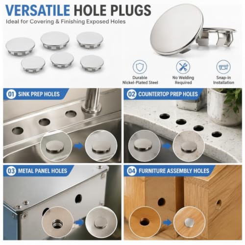 Image of Hicarer 15 Pack Fit 1-1 /2 inch(38.1mm) Hole Metal Hole Plugs, Nickel-Plated Steel Snap-in Cover for Exposed Holes, Electrical Box Knockout Plugs, No Welding Required for Sinks, Furniture, Automotive