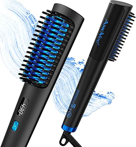 Hair Straightener Brush, AmoVee Ionic Hair Straightener Comb, MCH 20s Fast Heating up, 15 Adjustable Temp 170℉-450℉, Auto Temp Lock Straightening Brush for Home Salon, Dual Voltage, Pink