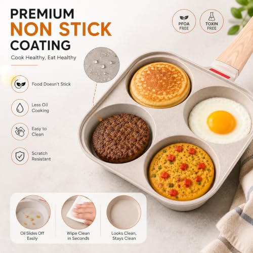 Image of 4 Hole Egg Frying Pan with Glass Lid, Non Stick Egg Poacher Pan,Multi Section Omelette & Pancake Maker, Granite Coating Breakfast Fry Pan,Induction Compatible,Wooden Handle, Egg Cooker Skillet