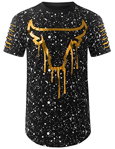 URBANCREWS Mens Hipster Hip Hop Bull Splatter Longline T-Shirt BlackGold XLarge