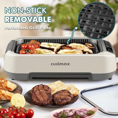 Image of Smokeless Indoor Grill, CUSIMAX Electric Grill 1500W Korean BBQ Grill White | Adjusting Temperature /Smart LED Display /Non-stick Removable Grill Plate /Turbo Smoke Extractor /Tempered Glass Lid /Easy Cleanup