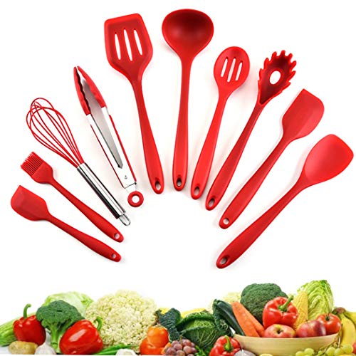 Hoshen Lot de 10 ustensiles de cuisine antiadhésifs en silicone résistant à la chaleur Rouge