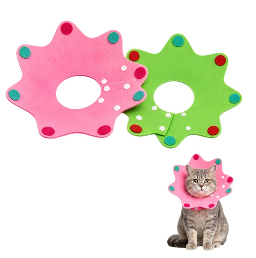 Adjustable Soft Cat Cone Collar, Breathable Felt Recovery Collar for Cats and Small Dogs, Alternative Anti-Lick E-Collar for Post-Surgery, Wound Healing & Skin Protection (S, Pink+Green)