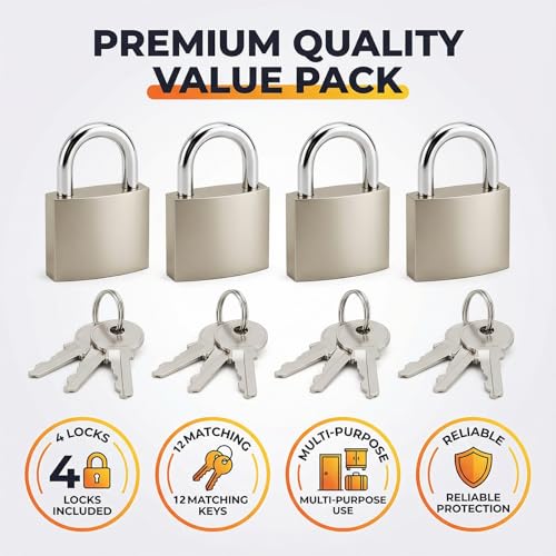 Image of 4 Pcs Small Silver Solid Brass Padlocks with Same Keys Keyed Lock | Toolbox Sheds Storage Unit Gym Fence Locker Pad Locks
