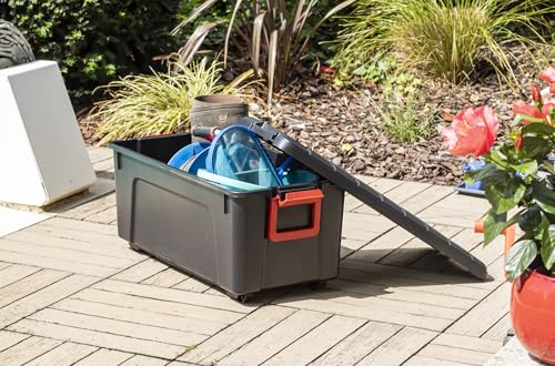 Iris Ohyama, große Kunststoff-Aufbewahrungsbox, 75 l Garagen-Aufbewahrungsbox, 3er-Set, SIA-75, schwarz, stapelbar, Verschlussklammern – B78 x T39,5 x H35 cm