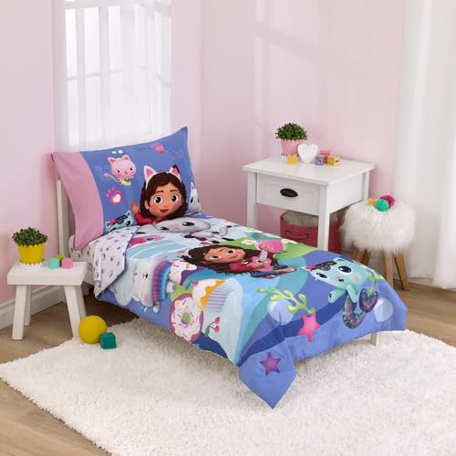 Image of Gabby's Dollhouse Gab-Tastic Purple and Pink Pandy Paws, Mercat, and Cakey 4 Piece Toddler Bed Set - Comforter, Fitted Bottom Sheet, Flat Top Sheet, and Reversible Pillowcase
