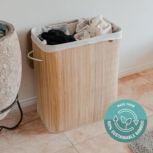 CleverMade Natural Bamboo Hamper LUXE, Double Hamper - 27 Gal (103L) Bamboo Laundry Hamper with Lid and Removable Machine Washable Laundry Bag - Holds 4 Loads and 50 Lbs. - Image 5