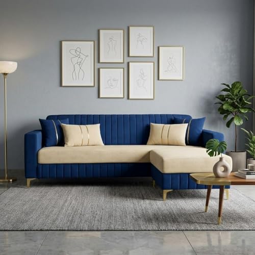 Image of CASASTYLE Noviq 4 Seater L Shape Sofa Set with Movable Ottoman | Flexible Left or Right Layout | Cozy Velvet Fabric | Soft Touch Seating | Modern Designer Sofa for Living Room (Dark Blue-Cream)