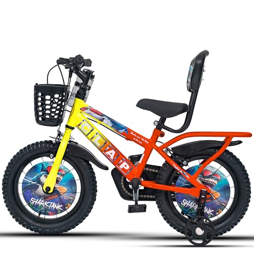 Image of Shark Tank 14T Kids Bicycle for Boys & Girls with Inbuilt Carrier, Front Basket, PU Soft Seat, Full Chain Cover & Stylish Wheelcards (Yellow /Orange)