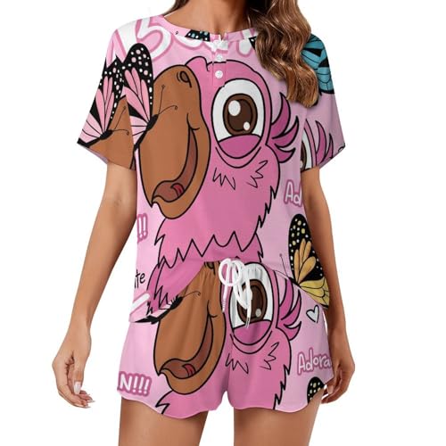 Pyjama court femme oiseau rose papillon vêtement de nuit été