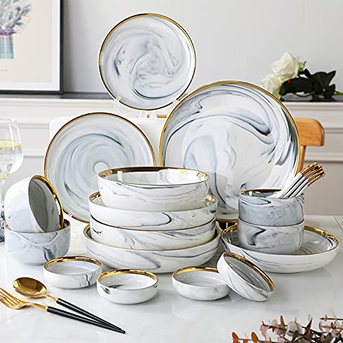 XAoSCd Juego De Vajilla De Cerámica De Mármol Phnom Penh, 26 Piezas, Cuenco De Porcelana, Plato, Cuchara, Vajilla, Servicio Combinado para 6 Personas