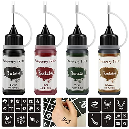 Bestatoo Temporary Tattoo Kit,Fake Tattoos Semi Permanent Tattoo Gel For Diy Body Painting Fake Freckles 52 Pcs Tattoo Stencils,Full Kit 4 Colors (Black/Red/Brown/Teal) #TOP19