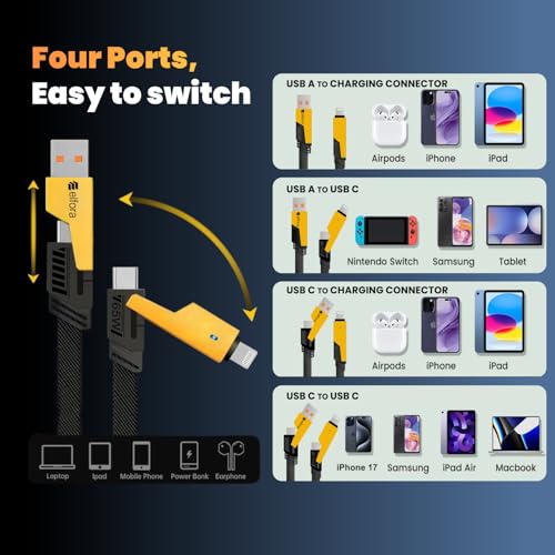 Image of Elfora 4 in 1 Braided Fast Charging Cable 65W | Quad 1.5m Rugged Design Multiport | Type C to USB A | Compatible for iPhones, iPads, Tablets, MacBooks and Android Devices -Black