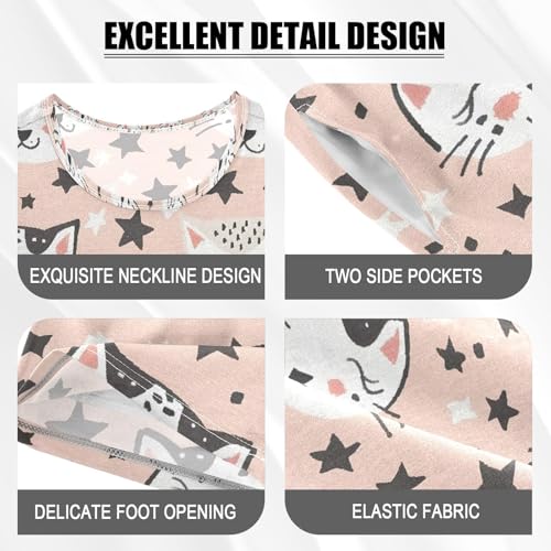 ALAZA Cat Kitten Star Cartoon Hipster Pajamas Set Short Sleeve Cotton Sleepwear Summer Pjs 2 Piece 5-14Y4