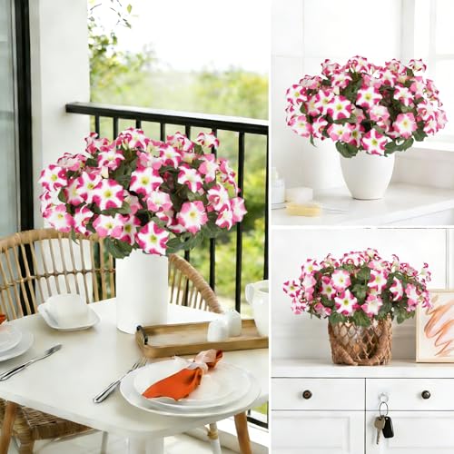 Image of Artificial Flowers for Outdoors, Faux Petunias Spring Summer Decoration, Fake Flowers Plants UV Resistant Look Real Silk Flowers for Outside Planter Front Door Porch Patio Yard (6, Pink-White)
