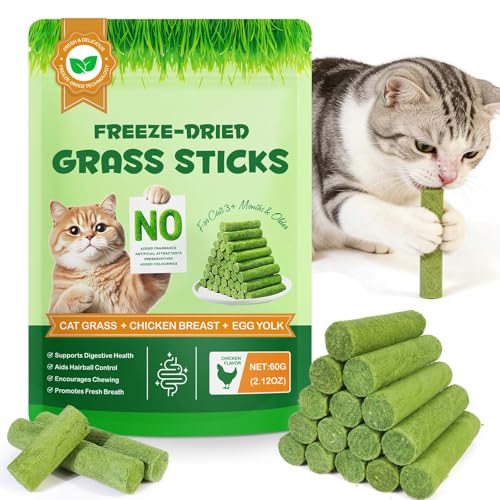 Cat Grass Sticks Freeze Dried Grass Treats for Indoor Cats Cat Treats for Teeth Cleaning Hairball Control & Dental Care Digestive Health Chicken Flavored 60G