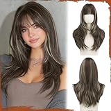 Sofeiyan Perücke mit Pony für Frauen Lang Perücken Synthetisches Hitzebeständige NatÜRlich Haar...