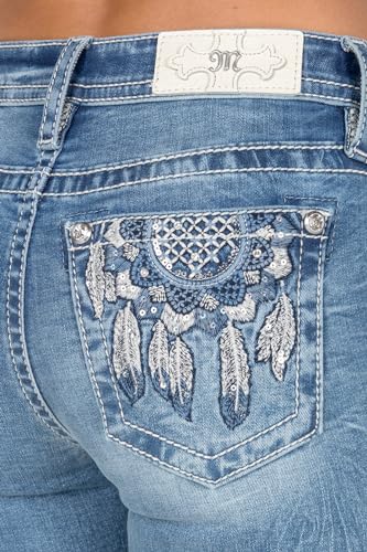 Miss Me Women's Mid-Rise Bootcut Jeans, Metallic Silver and Blue Dreamcatcher, Stretch Denim4