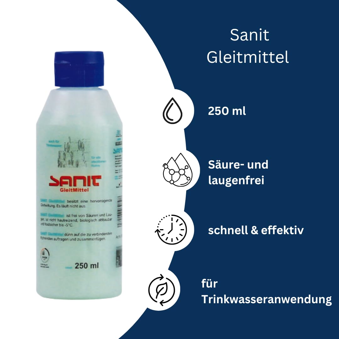 BADfabrik24 SANIT Gleitmittel 250 ml + Mikrofasertuch –  trinkwassergeeignetes Montagegleitmittel für Rohr-, Muffen- &  Schlauchverbindungen – säurefrei, hautverträglich : Amazon.de: Baumarkt