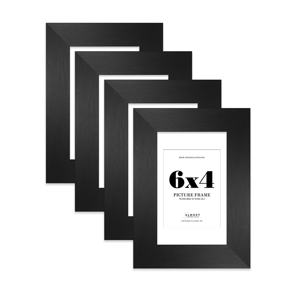6x4 Black Frame With Mount for 4x3 Pictures 28mm Edge Portrait and Landscape Display with Wall Hooks and Kickstand, 4 Pack