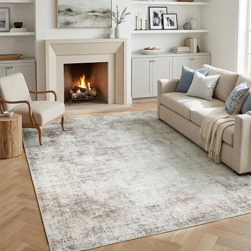 Tapete de área 5x7 beige y marrón lavable antideslizante miniatura 3