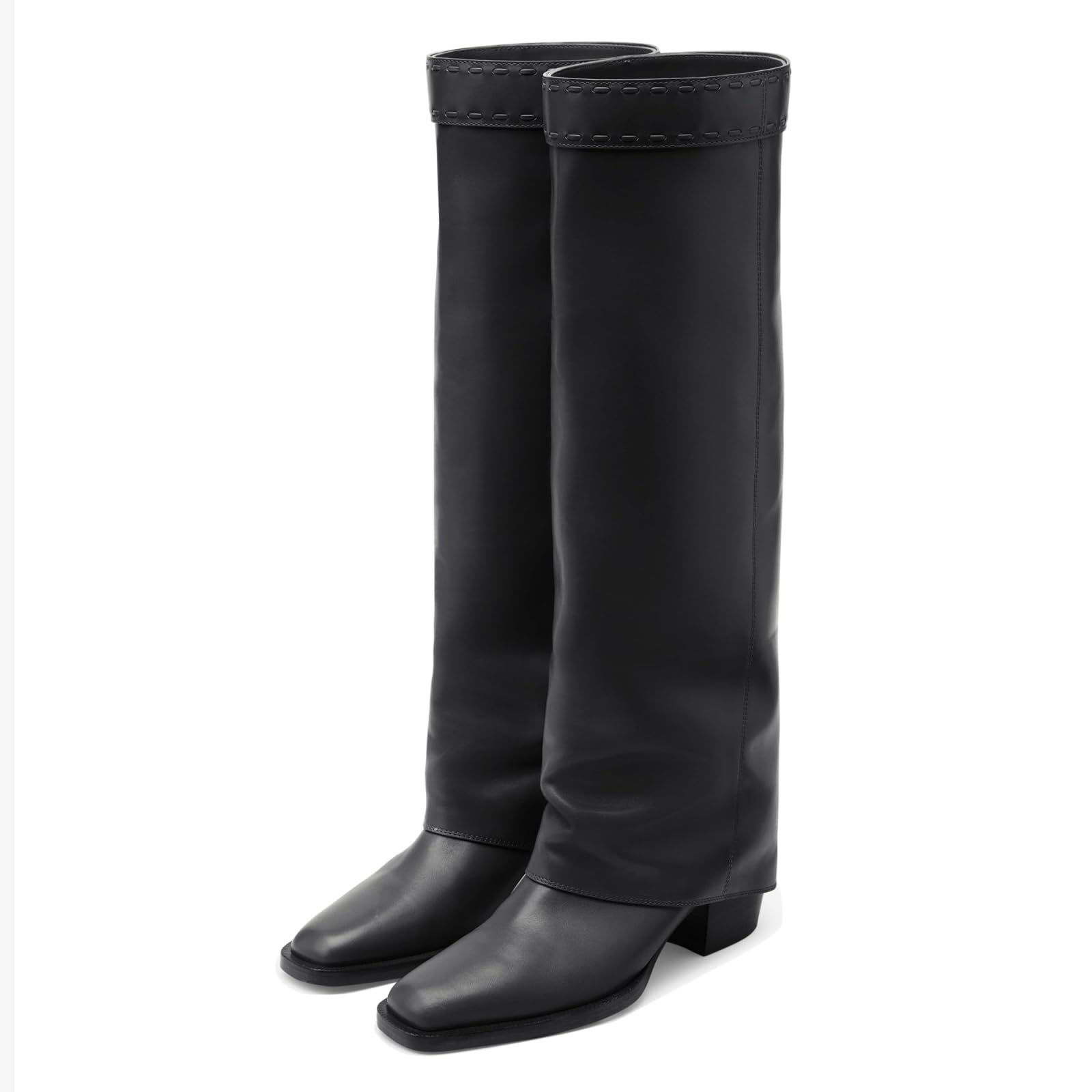 Goolita Fold Over Boots For Women Stacked Chunky Heels Square Toe Knee High Boots Fashion Comfortable Slip On