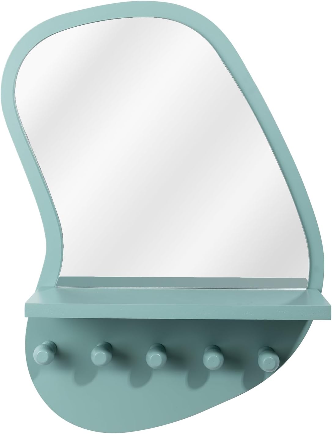 SANY DAYO HOME Wall Mount Wood Frame Irregular Mirror with 5 Wooden Hooks and Shelf, Modern Decorative Hanging Mirror for Entryway, Bedroom, Living Room (16″ x 12″, Turquoise)