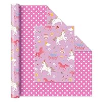 WERNNSAI Reversible Unicorn Birthday Paper Roll - 43 cm x 20 m Purple Gift Wrap with Polka Dot Design for Girls Kids Party