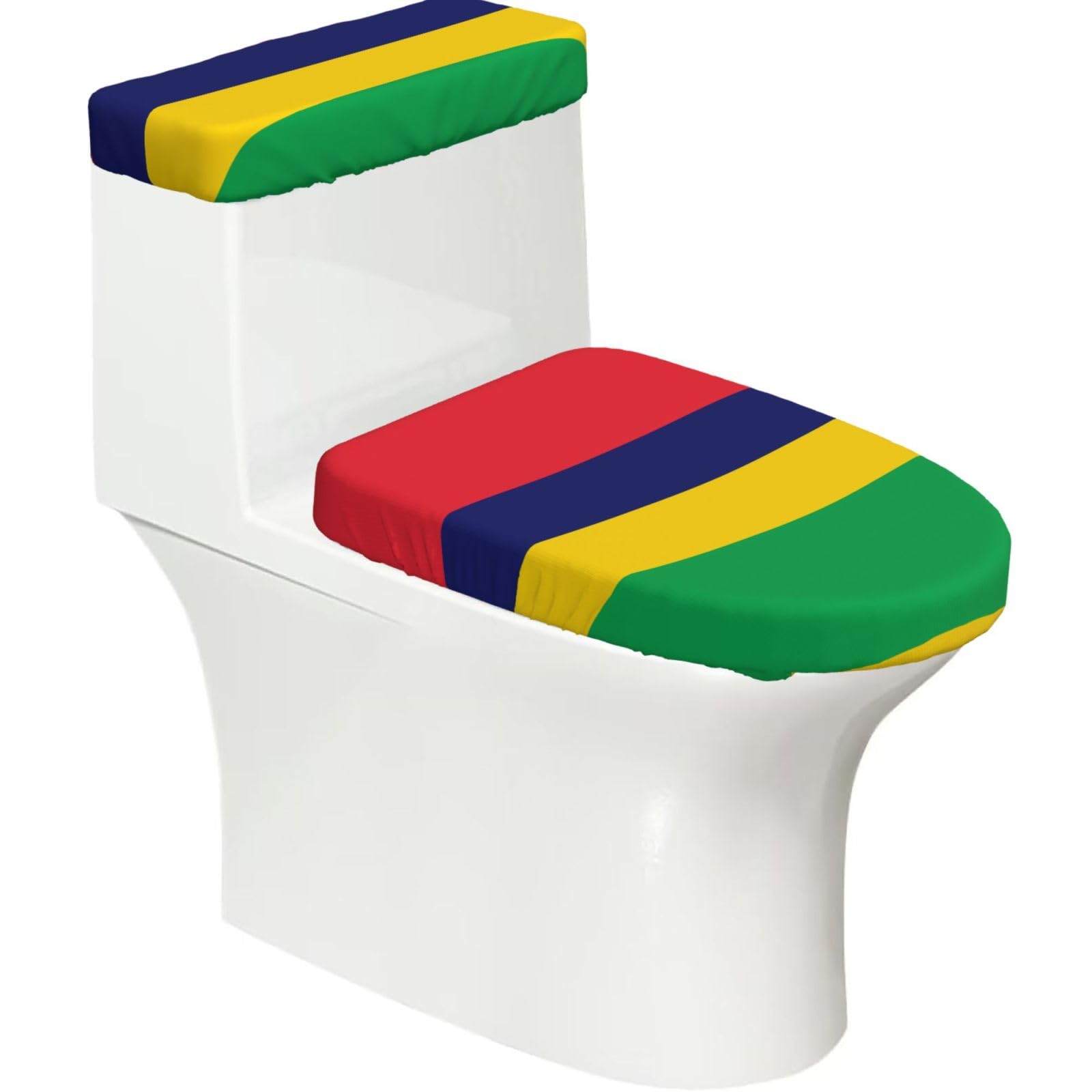Flag of Mauritius Elastic Toilet Cover Set of 2-Stretchy Lid and Tank Covers for Bathroom, Soft Washable U Shape Toilet Decor