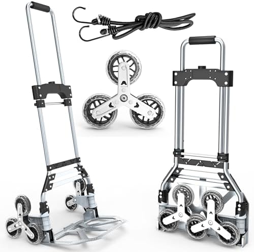 Stair Climbing Cart, 220 LBS Aluminum Stair Climber Dolly, Heavy Duty Folding Hand Truck Dolly with 6 Wheels, Telescoping Handle and Elastic Rope for Home, Moving, Groceries, Warehouse