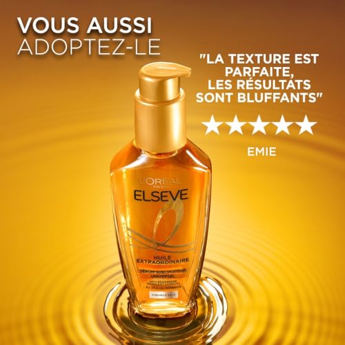 L'Oréal Paris - Elseve Huile Extraordinaire - Soin Sublimateur Universel Nourrissant Multi-Usages - Sans Rinçage - Enrichi en Huiles Rares de Marula & Camélia - Tous Types de Cheveux Secs - 100 ml