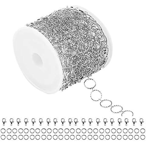 YOUBEIYEE 16.4 Feet Silver Plated Brass Chain for Jewelry Making Handmade Embossed 8mm Circle Link Chain Necklace DIY Supplies with 20pcs Open Jump Rings 50pcs Lobster Clasps Cover