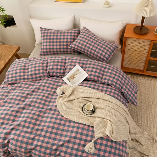 Image of ECOCOTT Duvet Cover Oversized King Size, 100% Washed Cotton Linen-Like Soft & Breathable, Durable Comfy Bedding Set for All Seasons, Purple Pink Plaid