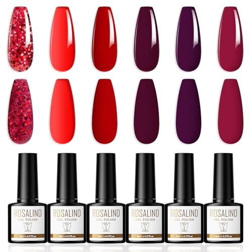 ROSALIND Smalto Semipermanente Unghie Rosso, 6 Colori Smalti Semipermanenti per Unghie Viola Glitter Rosso Brillante Gel Nail Polish Soak Off UV/LED, Nail Art per l'autunno e l'inverno, 8ml