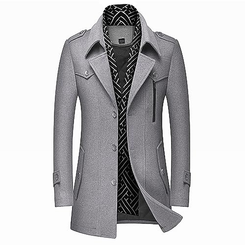Image of INVACHI Men's Wool Blend Coat Warm Winter Trench Coat with Detachable Soft Scarf Single Breasted Pea Coat
