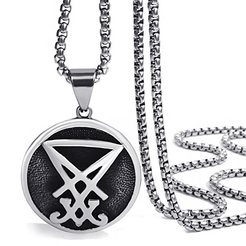 Elfasio Men Pendant Necklace Stainless Steel Sigil of Lucifer Seal of Satan Baphomet Chain Jewelry 20 inch